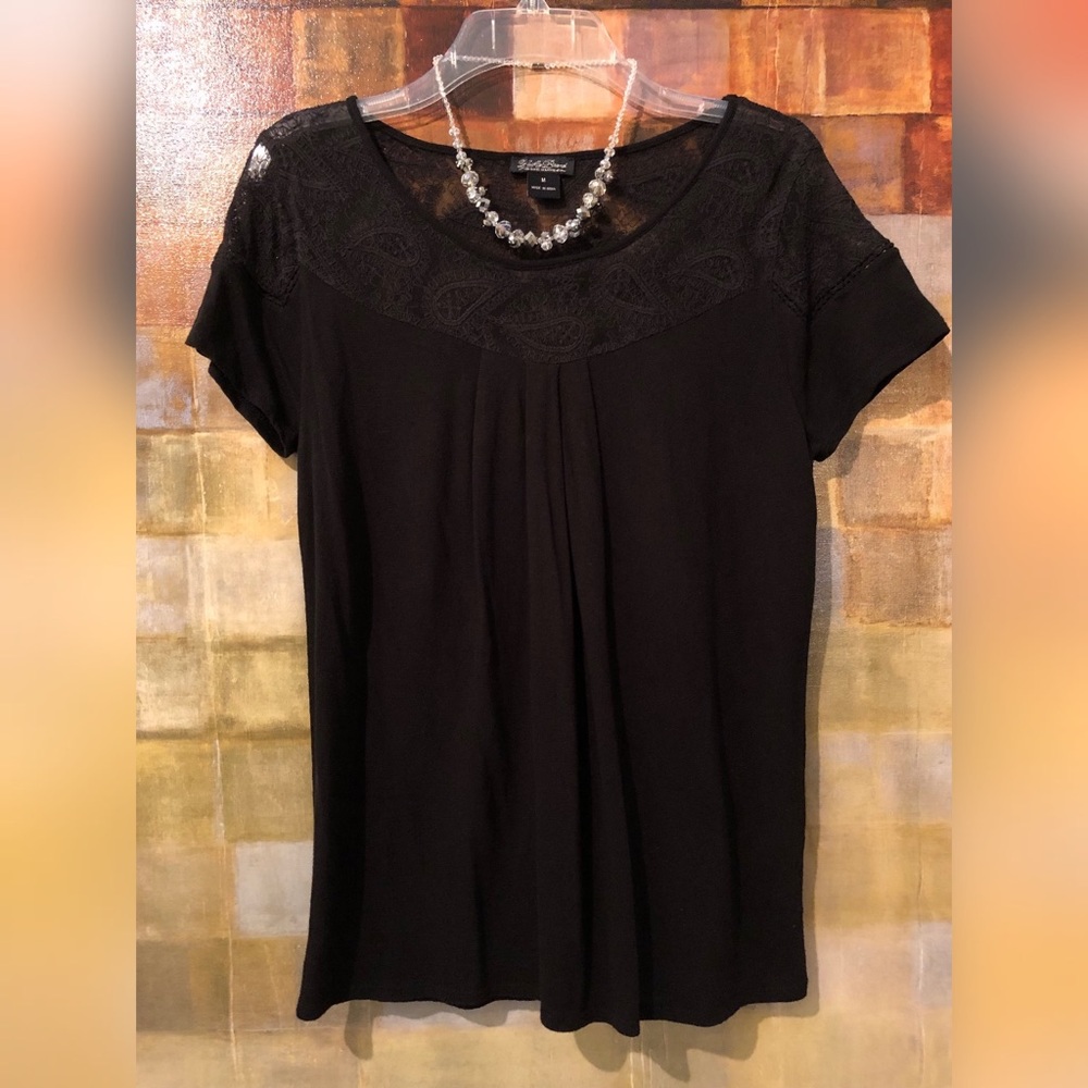 LUCKY BRAND SS Black Linen & Cotton Top w Paisley EUC